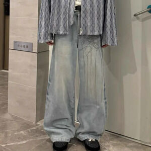 Japanese Brand Spider Web Embroidered Baggy Blue Denim Wide-Leg Jeans Size 32